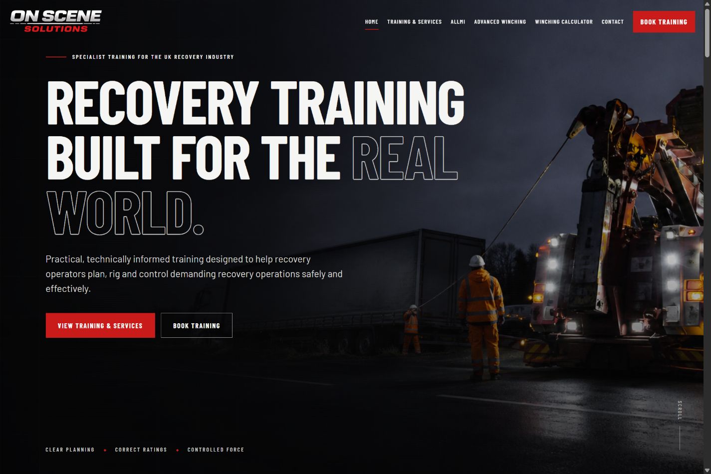 On Scene Solutions homepage with bold condensed lettering, red contact buttons and a recovery vehicle at dusk