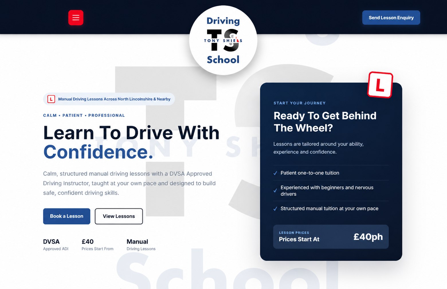 Tony Shiels’ Driving School website homepage